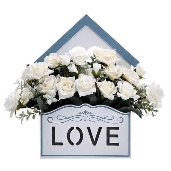 Kurala Other - White Roses Artificial Flowers with LED Lights | Hanging Wooden Box Floral Decor